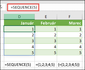 Vytvorte zvislú konštantu poľa pomocou vzorca =SEQUENCE(5) alebo ={1;2;3;4;5}