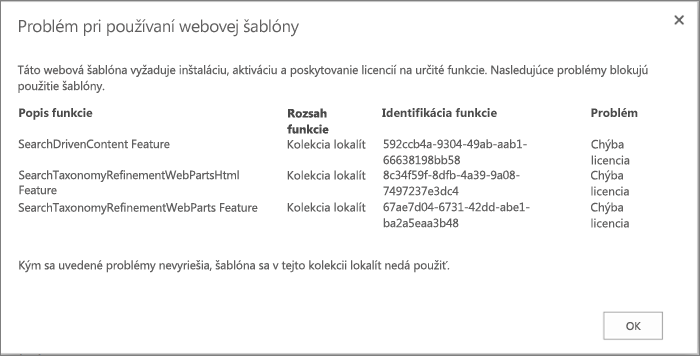 Snímka obrazovky s chybovým hlásením zobrazujúcim chybu, ktorá sa môže zobraziť, ak vo vytváraní lokality v SharePointe Online bránia nedostupné funkcie.