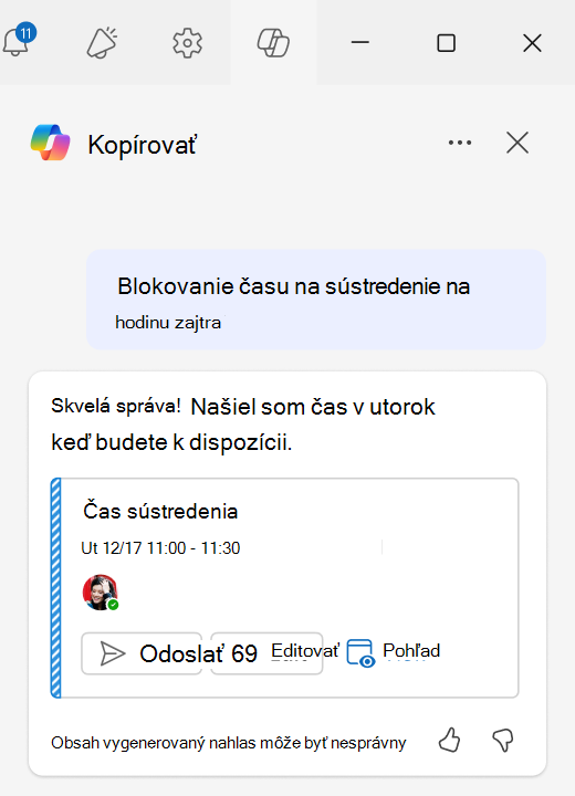 Snímka obrazovky s postupom používania blokov zamerania s plánovaním s pomocou konverzácie v Outlooku.