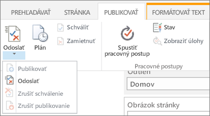 Tlačidlo Odoslať, publikovať na karte publikovať v režime úprav.