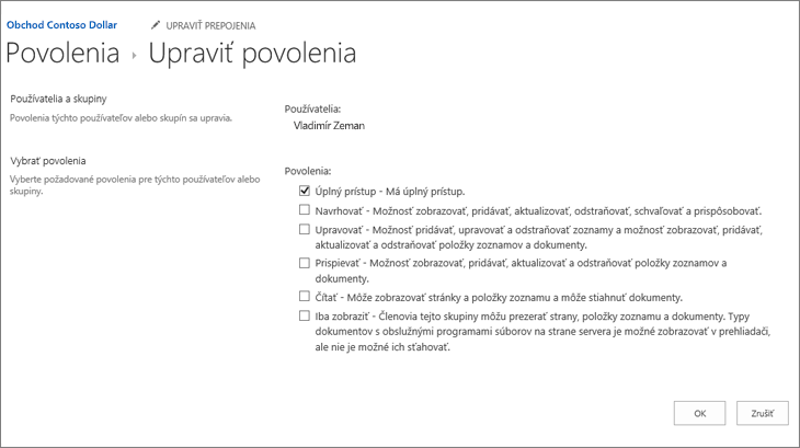 Zmena úrovní povolení v dialógovom okne povolení