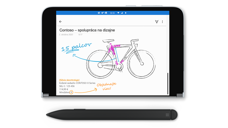 Surface Duo s kresbou v programe OneNote a perom Surface Slim vedľa neho