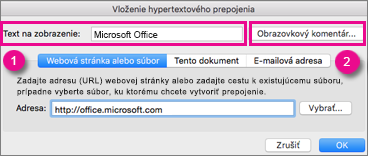 Dialógové okno Hypertextové prepojenie v Office pre Mac