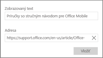 Snímka obrazovky s dialógovým oknom na pridanie hypertextového prepojenia vo OneNote pre Windows 10.