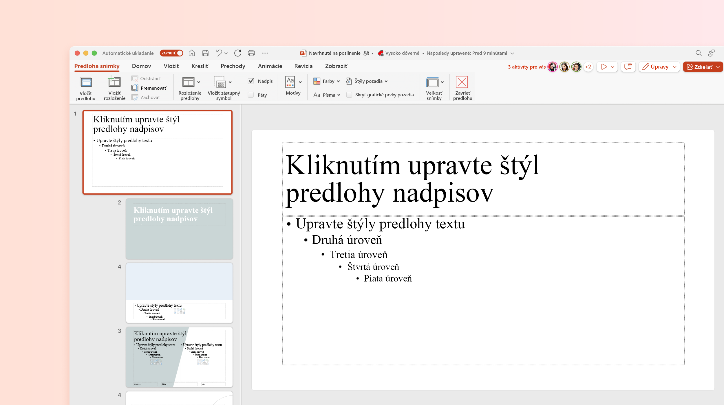 Snímka obrazovky zobrazuje šablónu Silde Master v aplikácii PowerPoint.