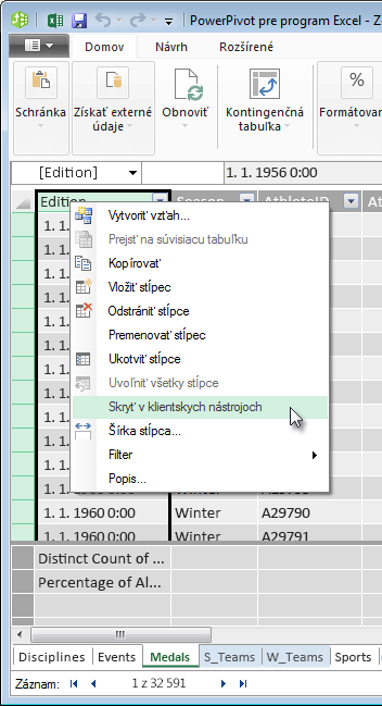 Kliknutím pravým tlačidlom myši skryte polia tabuľky v klientskych nástrojoch Excelu
