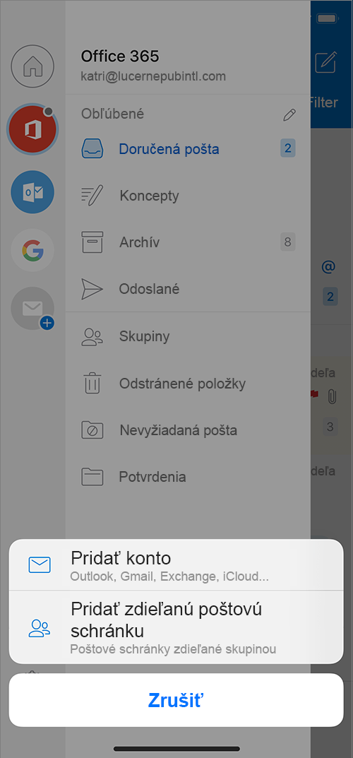Obrazovka Outlooku s príkazom Pridať zdieľanú poštovú schránku