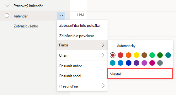 Výber farby kalendára aplikácie Outlook Web Web Custom