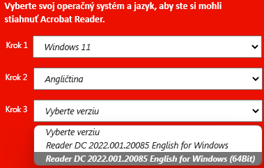 Okno zobrazujúce rozbaľovací zoznam verzií nainštalovaných produktov Adobe.
