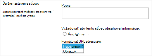 Možnosti stĺpcov Obrázok alebo Hypertextové prepojenie