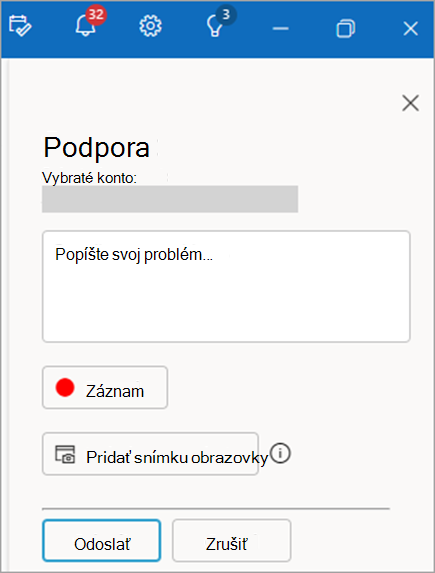 Snímka obrazovky s tablou technickej podpory kontaktu zobrazujúca oblasť s popisom problému