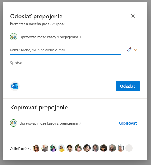 Snímka obrazovky stránky Nastavenia prepojenia v kontextovej ponuke Zdieľať vo OneDrive