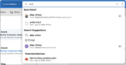 Panel hľadania pre Outlook Mac.