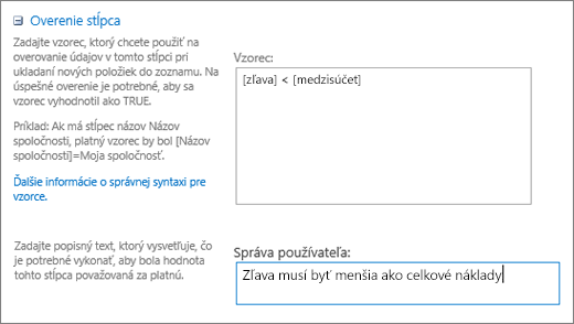 Dialógové okno Overenie stĺpca a polia vyplnené vzorovými údajmi