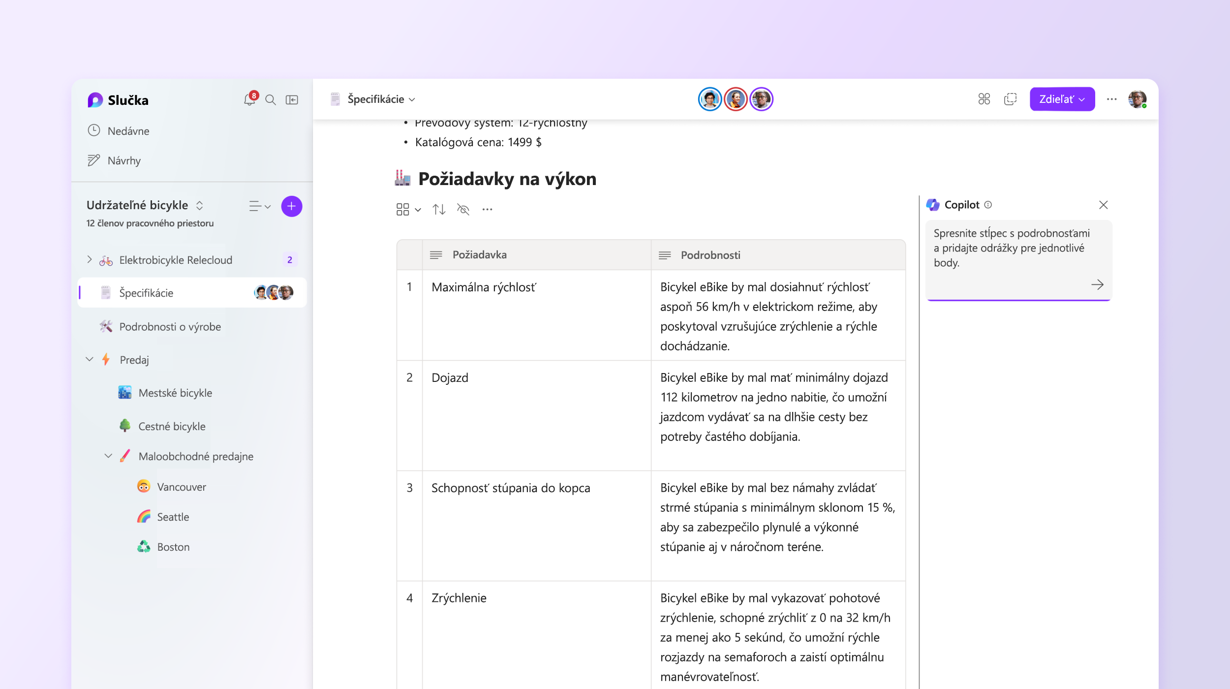 Na snímke obrazovky je zobrazená služba Copilot v aplikácii Loop, ktorá upravuje podrobnosti.