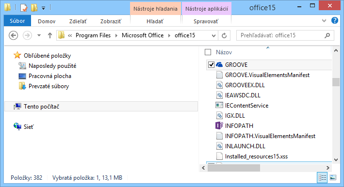 Hľadanie súboru Groove.exe vo Windowse