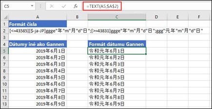 Obrázok použitia formátu Gannen s funkciou TEXT: =TEXT(A1;$B$2), kde B2 obsahuje reťazec formátu Gannen.