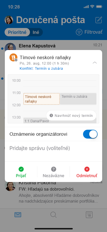 Navrhnutie nového termínu v Outlooku pre iOS