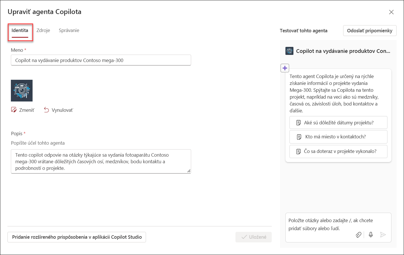 snímka obrazovky úvodného používateľského rozhrania na úpravu agenta Copilota