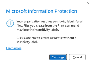 Okno Na vytvorenie PDF súboru v aplikácii Microsoft Info Protection