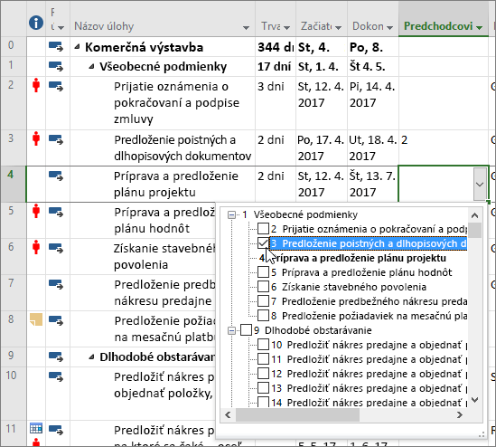 Snímka obrazovky s ponukou rozbaľovacieho zoznamu predchádzajúceho stĺpca v Projecte
