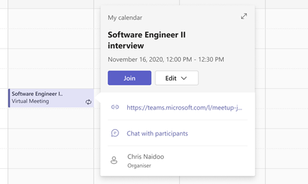 Pripojenie k plánovanej činnosti z kalendára aplikácie Teams