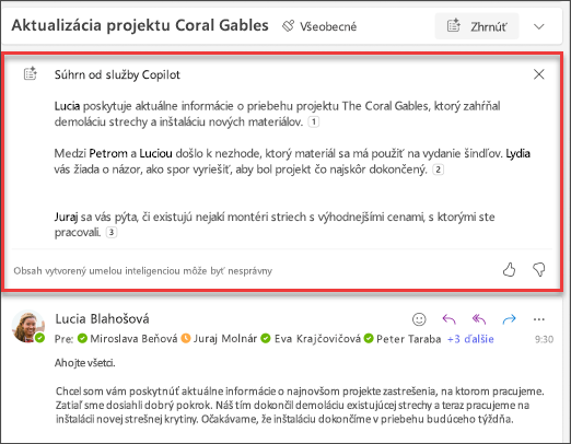 Súhrn postupnosti e-mailov s citáciami vytvorenými funkciou Copilot.