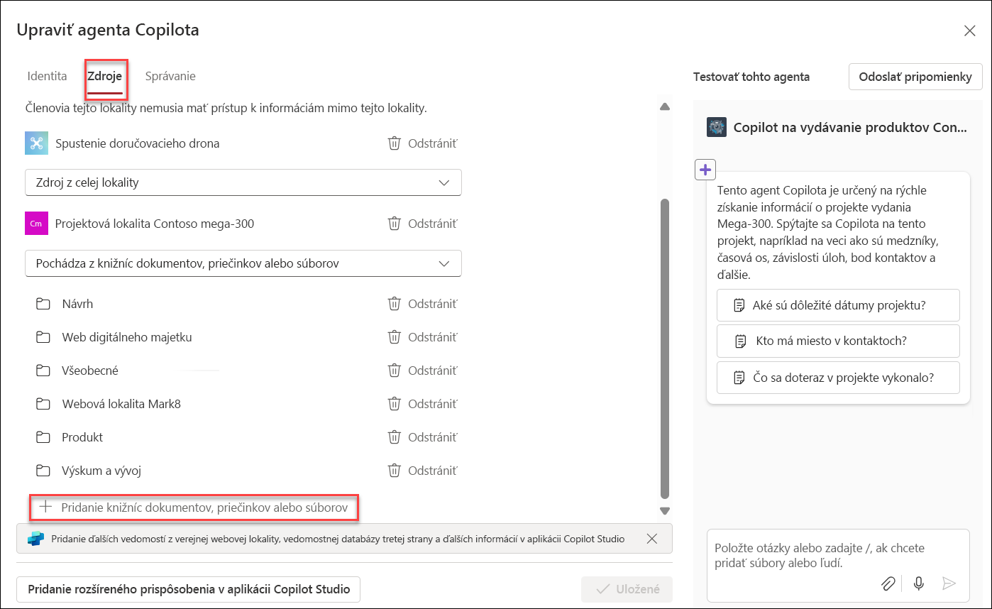 Snímka obrazovky s pridávaním zdrojov vedomostí do agenta Copilota