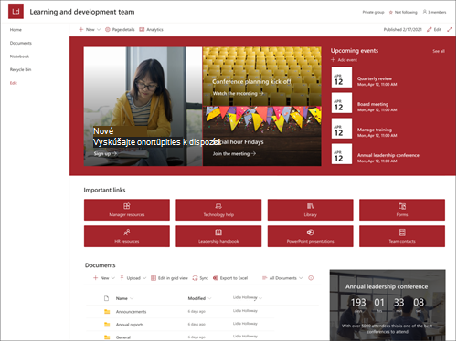 Snímka obrazovky s ukážkou šablóny tímovej lokality vedúcich a vývojových tímov