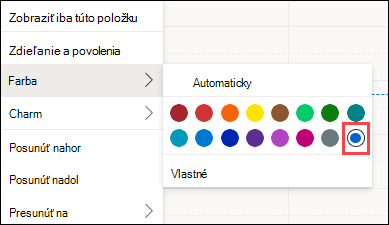 Výber farby kalendára v outlookovom webovom kalendári s vlastným