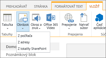 Snímka obrazovky pása s nástrojmi v SharePointe Online. Vyberte kartu Vložiť a potom vyberte položku obrázok a vyberte, či sa má nahrať súbor z počítača, z webovej adresy alebo z lokality SharePoint.