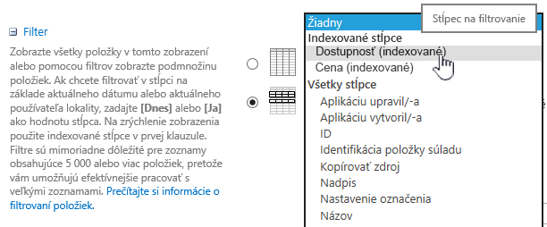 V SharePointe Online vyberte indexované pole