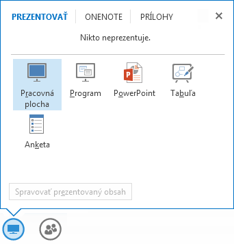 Snímka obrazovky s ponukou zdieľania s vybratou kartou Prezentovať so zobrazením možností zdieľania Powerpointu a iných možností zdieľania