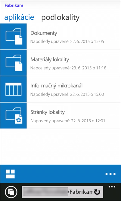 Snímka obrazovky mobilného zobrazenia lokality SharePoint Server 2016