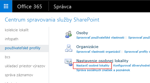 Snímka obrazovky s ponukou nastavenie SharePointu a zvýrazneným profilom používateľa