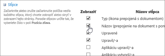 Dialógové okno Výber stĺpcov