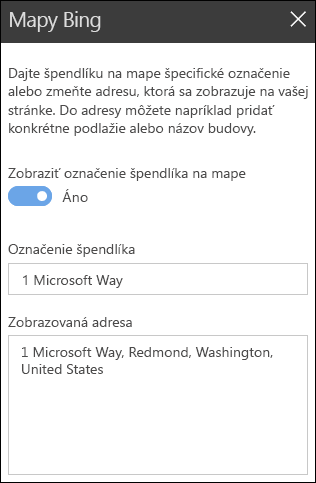 Panel s nástrojmi webovej časti Mapy Bing