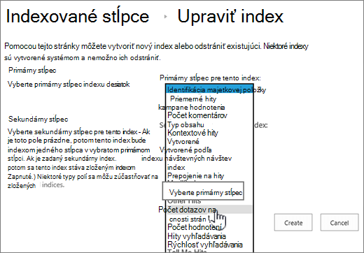 Stránka Upraviť index s vybratým stĺpcom z rozbaľovacieho poľa