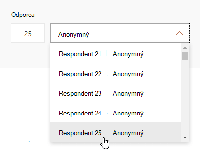 Zadaním konkrétneho čísla do vyhľadávacieho poľa respondenta zobrazíte podrobnosti odpovede danej osoby v Microsoft Forms