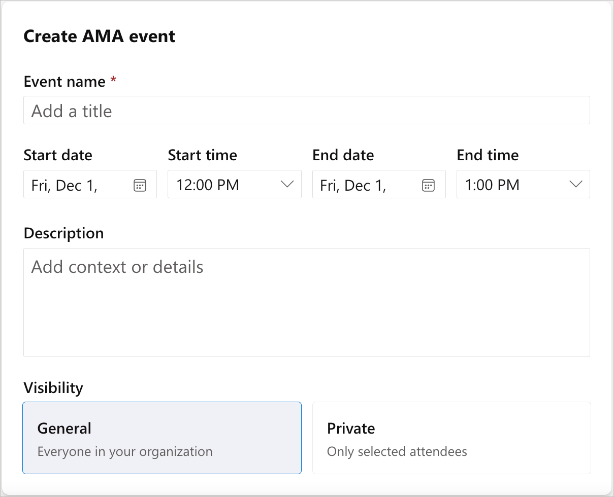 Snímka obrazovky polí potrebných na vytvorenie udalosti AMA.