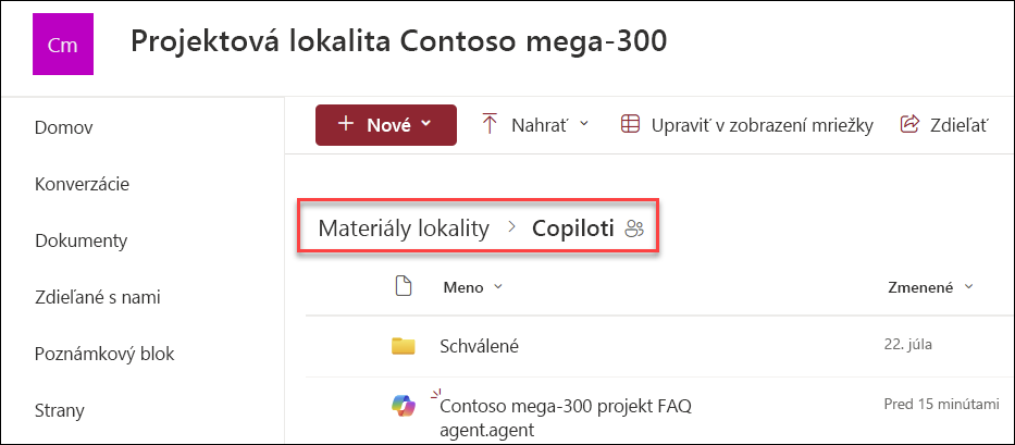 snímka obrazovky s miestom uloženia agentov Copilota, ak boli vytvorení z domovskej stránky
