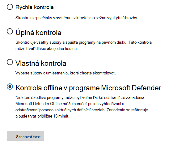 Dialógové okno Možnosti skenovania zobrazujúce vybratú Microsoft Defender Offline kontrolu.