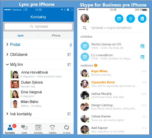 Snímky obrazovky v Lyncu a Skype for Business vedľa seba