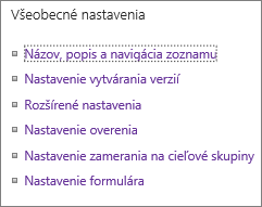 Zoznam prepojení na všeobecné nastavenia