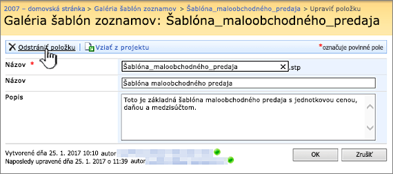 Stránka na úpravu šablón zoznamov so zvýraznenou položkou Odstrániť