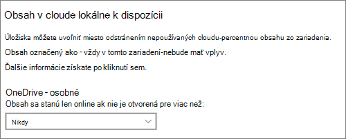 Rozbaľovací zoznam ukladacieho priestoru vo Windowse 10 na výber, kedy sa majú súbory vo OneDrive sprístupniť iba online