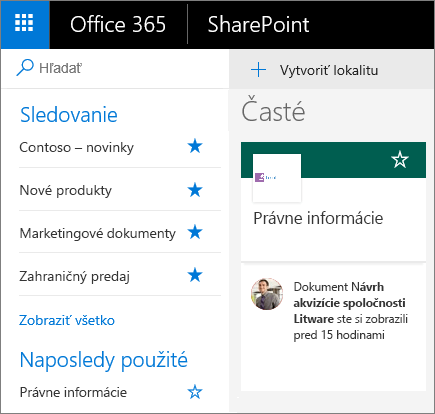 Snímka obrazovky s domovskou stránkou v modernom režime SharePointu.