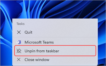 Tlačidlo zrušiť pripnutie mini okna aplikácie Teams na paneli úloh.