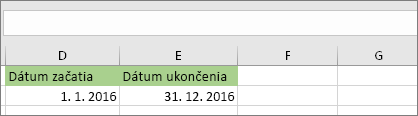 Počiatočný dátum v bunke D53 je 1. 1. 2016, koncový dátum je v bunke E53 31.12.2016