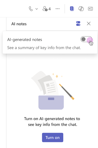 Poznámky umelej inteligencie sú zapnuté z prepínača v chate v Teams